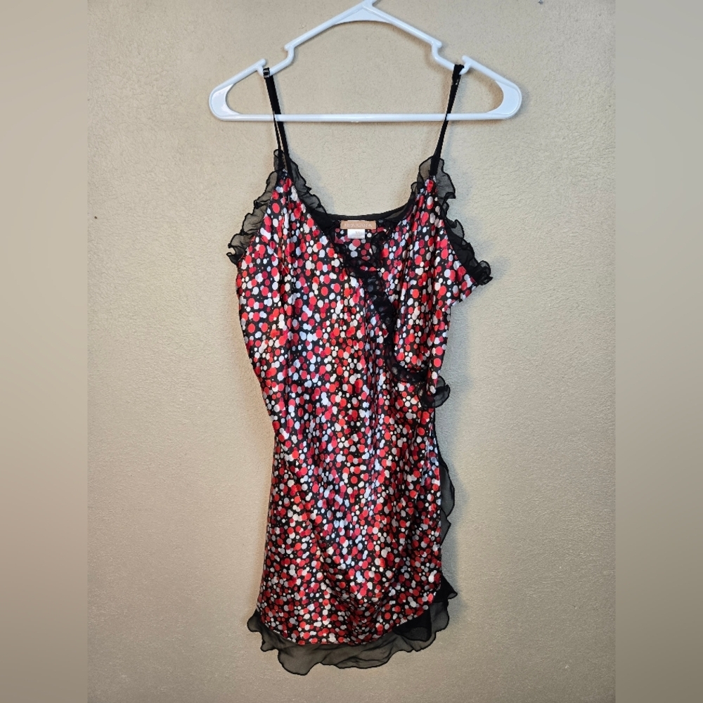 Sensara Red Black Dots Satin Chemise with Lace Ruffles 1X (6211)